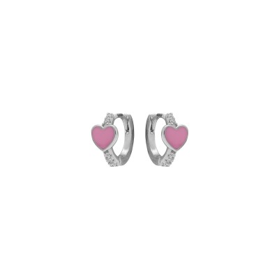 Boucles d'oreilles créoles argent rhodié articulée coeur résine rose et oxydes blancs