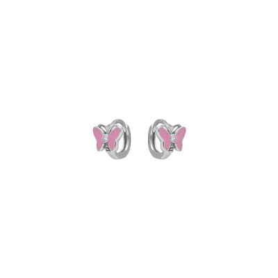 Boucles d'oreilles créoles argent rhodié articulée papillon résine rose et oxydes blancs