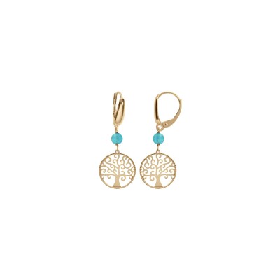 Boucles d'oreilles dormeuse argent doré jaune arbre de vie 15mm et boule jade vert clair véritable