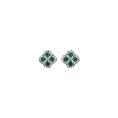 Boucles d'oreilles tige argent rhodié motif trèfle malachite véritable contour oxydes blancs