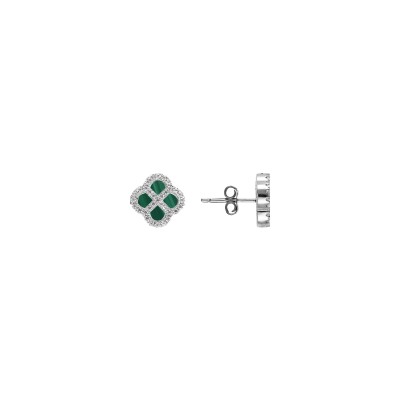 Boucles d'oreilles tige argent rhodié motif trèfle malachite véritable contour oxydes blancs