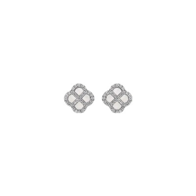 Boucles d'oreilles tige argent rhodié trèfle nacre blanche véritable contour oxydes blancs
