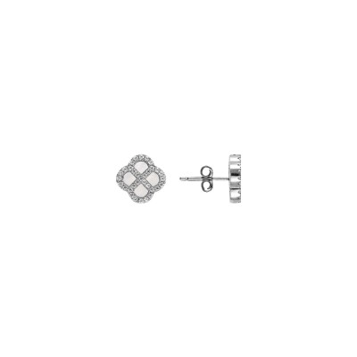 Boucles d'oreilles tige argent rhodié trèfle nacre blanche véritable contour oxydes blancs
