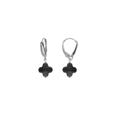 Boucles d'oreilles tige argent rhodié trèfle en verre facetté noir