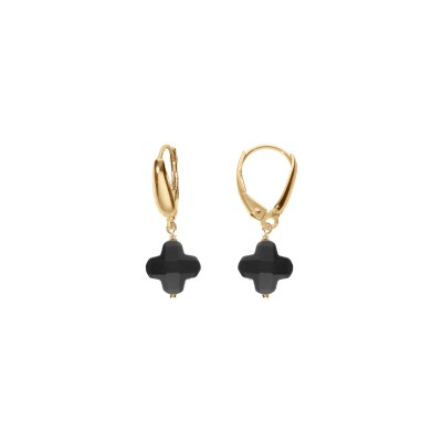 Boucles d'oreilles tige argent doré trèfle en verre facetté noir