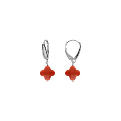 Boucles d'oreilles tige argent rhodié trèfle en verre facetté rouge