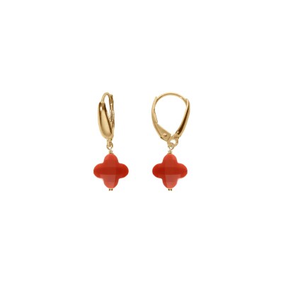Boucles d'oreilles tige argent doré trèfle en verre facetté rouge