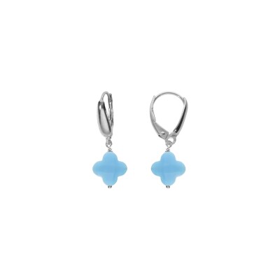 Boucles d'oreilles tige argent rhodié trèfle en verre facetté bleu ciel