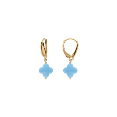 Boucles d'oreilles tige argent doré trèfle en verre facetté bleu ciel