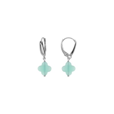 Boucles d'oreilles tige argent rhodié trèfle en verre facetté vert clair