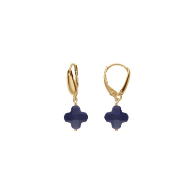 Boucles d'oreilles tige argent doré trèfle en verre facetté bleu marine