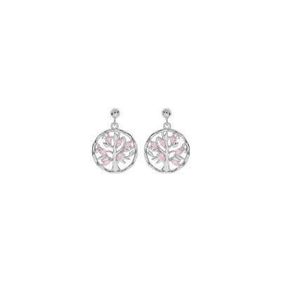 Boucles d'oreilles tige argent rhodié pendentif arbre de vie oxydes rose