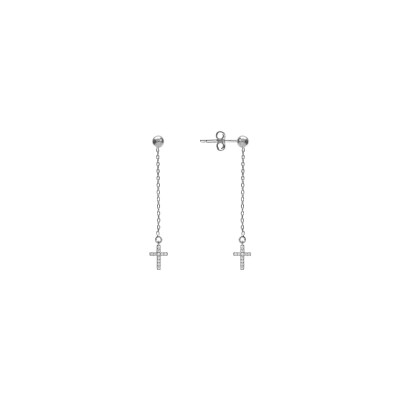 Boucles d'oreilles tige argent rhodié chainette et croix oxydes blancs