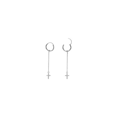 Boucles d'oreilles créoles argent rhodié 15mm chainette et croix oxydes blancs