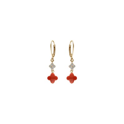 Boucles d'oreilles crochet argent doré trèfle en verre corail et pastille oxydes blancs