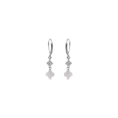 Boucles d'oreilles crochet argent rhodié trèfle en verre blanc et pastille oxydes blancs