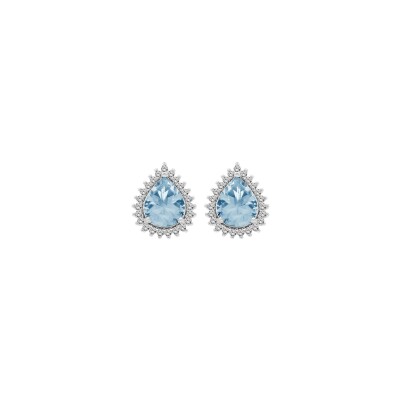 Boucles d'oreilles tige argent rhodié topaze bleue véritable forme goutte 8x6 contour oxydes blancs sertis