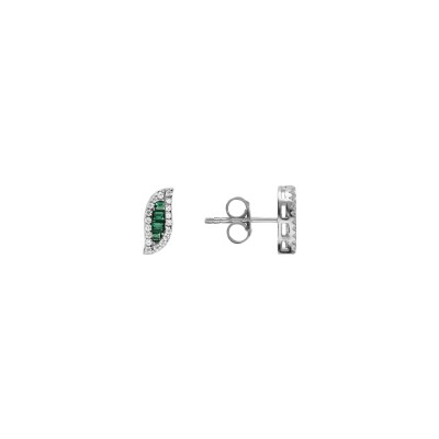 Boucles d'oreilles tige argent rhodié forme navette oxyde centrale vert et contour oxydes blancs sertis