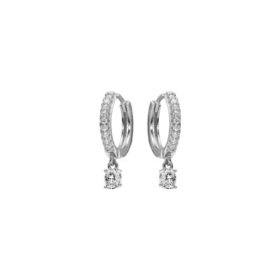 Boucles d'oreilles créoles argent rhodié oxydes blancs sertis avec pampille oxyde blanc serti