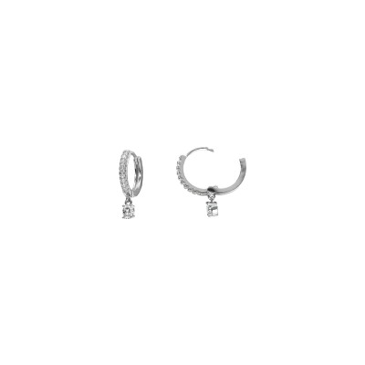 Boucles d'oreilles créoles argent rhodié oxydes blancs sertis avec pampille oxyde blanc serti
