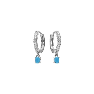 Boucles d'oreilles créoles argent rhodié oxydes blancs sertis avec pampille oxyde bleu serti