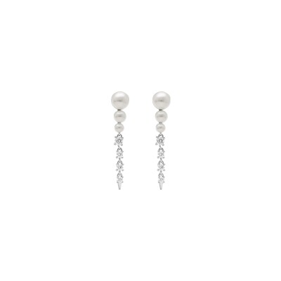 Boucles d'oreilles tige argent rhodié pendante 3 perles blanche imitation et oxydes blancs