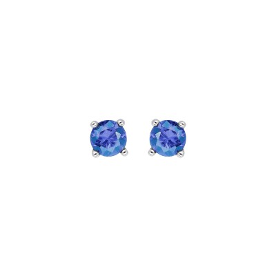 Boucles d'oreilles tige solitaire argent rhodié clou 4mm pierre bleu saphir synthétique 4 griffes