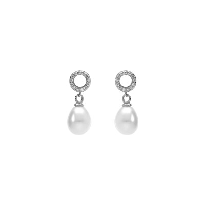 Boucles d'oreilles tige argent rhodié cercle oxydes blancs sertis et perle blanche imitation