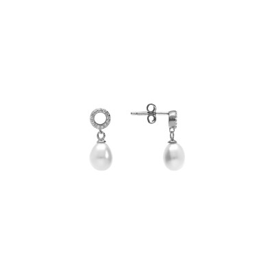 Boucles d'oreilles tige argent rhodié cercle oxydes blancs sertis et perle blanche imitation