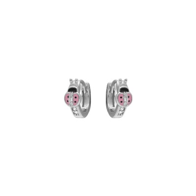 Boucles d'oreilles créoles argent rhodié articulée coccinelle résine rouge et oxydes blancs