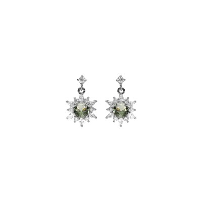 Boucles d'oreilles tige argent rhodié fleur oxyde vert clair et contour oxydes blancs