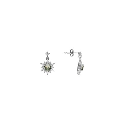 Boucles d'oreilles tige argent rhodié fleur oxyde vert clair et contour oxydes blancs