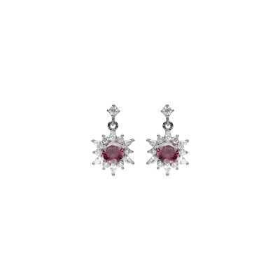 Boucles d'oreilles tige argent rhodié fleur oxyde rose et contour oxydes blancs