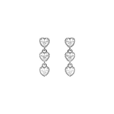 Boucles d'oreilles tige argent rhodié pendante 3 coeurs oxydes blancs