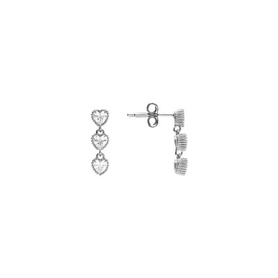 Boucles d'oreilles tige argent rhodié pendante 3 coeurs oxydes blancs