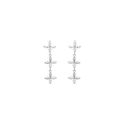 Boucles d'oreilles tige argent rhodié pendante 3 fleurs oxydes blancs