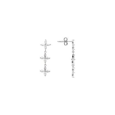 Boucles d'oreilles tige argent rhodié pendante 3 fleurs oxydes blancs
