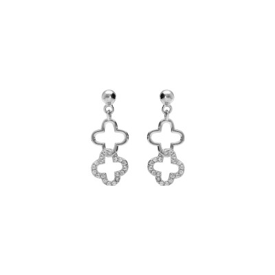 Boucles d'oreilles tige argent rhodié pendante double fleur avec coyydes blancs sertis