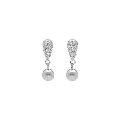 Boucles d'oreilles argent rhodié goutte pavé oxydes blancs et boule lisse