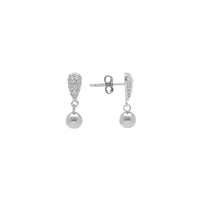 Boucles d'oreilles argent rhodié goutte pavé oxydes blancs et boule lisse