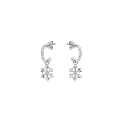Boucles d'oreilles créoles argent rhodié articulée oxydes blancs pendant flocon de neige oxydes blancs