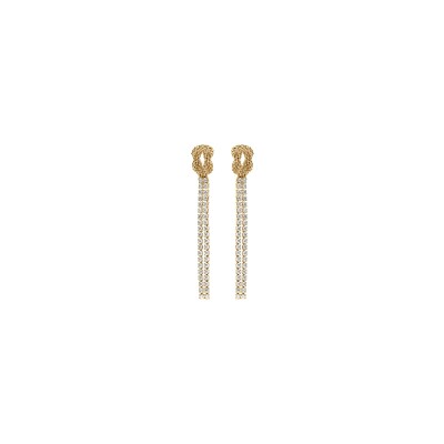 Boucles d'oreilles tige argent doré pendante 2 rangs oxydes blancs sertis avec noeud