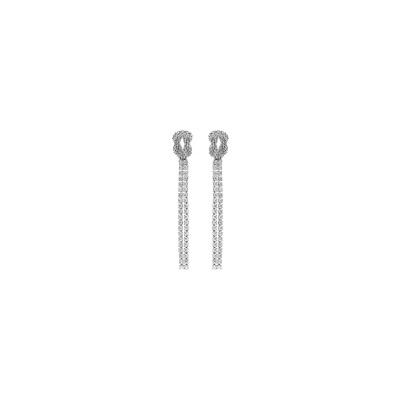 Boucles d'oreilles tige argent rhodié pendante 2 rangs oxydes blancs sertis avec noeud