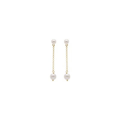 Boucles d'oreilles tige argent doré pendante 2 perles blanches imitation