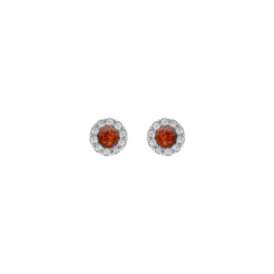 Boucles d'oreilles tige argent rhodié et ambre véritable contour oxydes blancs