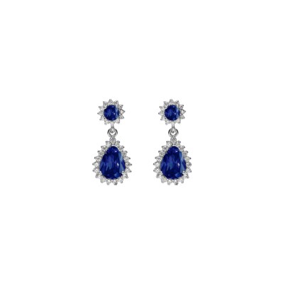 Boucles d'oreilles tige argent rhodié pendentif goutte oxydes bleu et contour oxydes blancs sertis