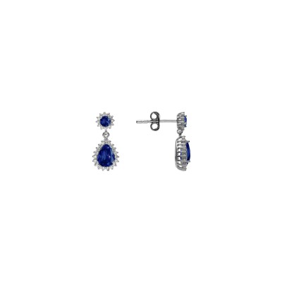 Boucles d'oreilles tige argent rhodié pendentif goutte oxydes bleu et contour oxydes blancs sertis