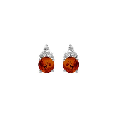Boucles d'oreilles tige argent rhodié et ambre véritable avec 3 oxydes blancs