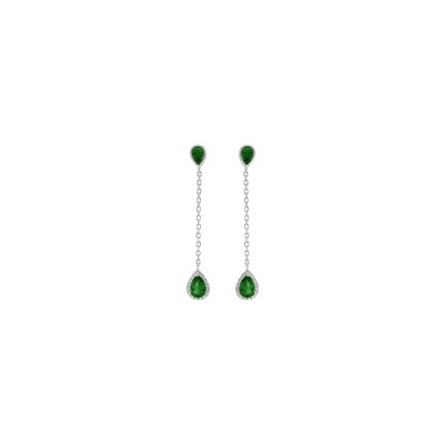 Boucles d'oreilles tige argent rhodié pendante gouttes oxyde vert contour oxydes blancs