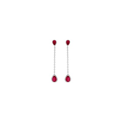 Boucles d'oreilles tige argent rhodié pendante gouttes oxyde rouge contour oxydes blancs